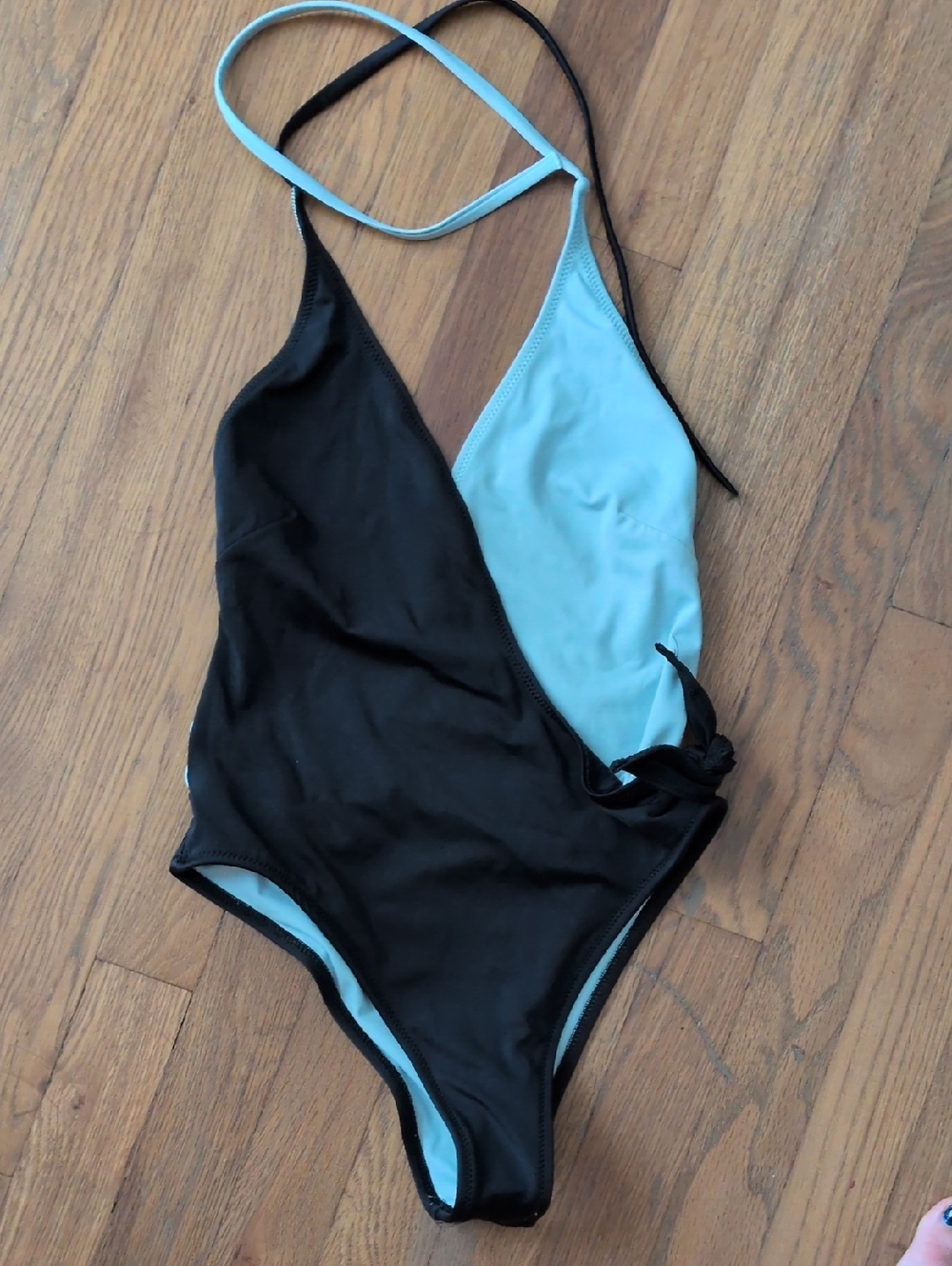 SOLID & STRIPED Two-Tone Black and Light Blue One-Piece Swimsuit